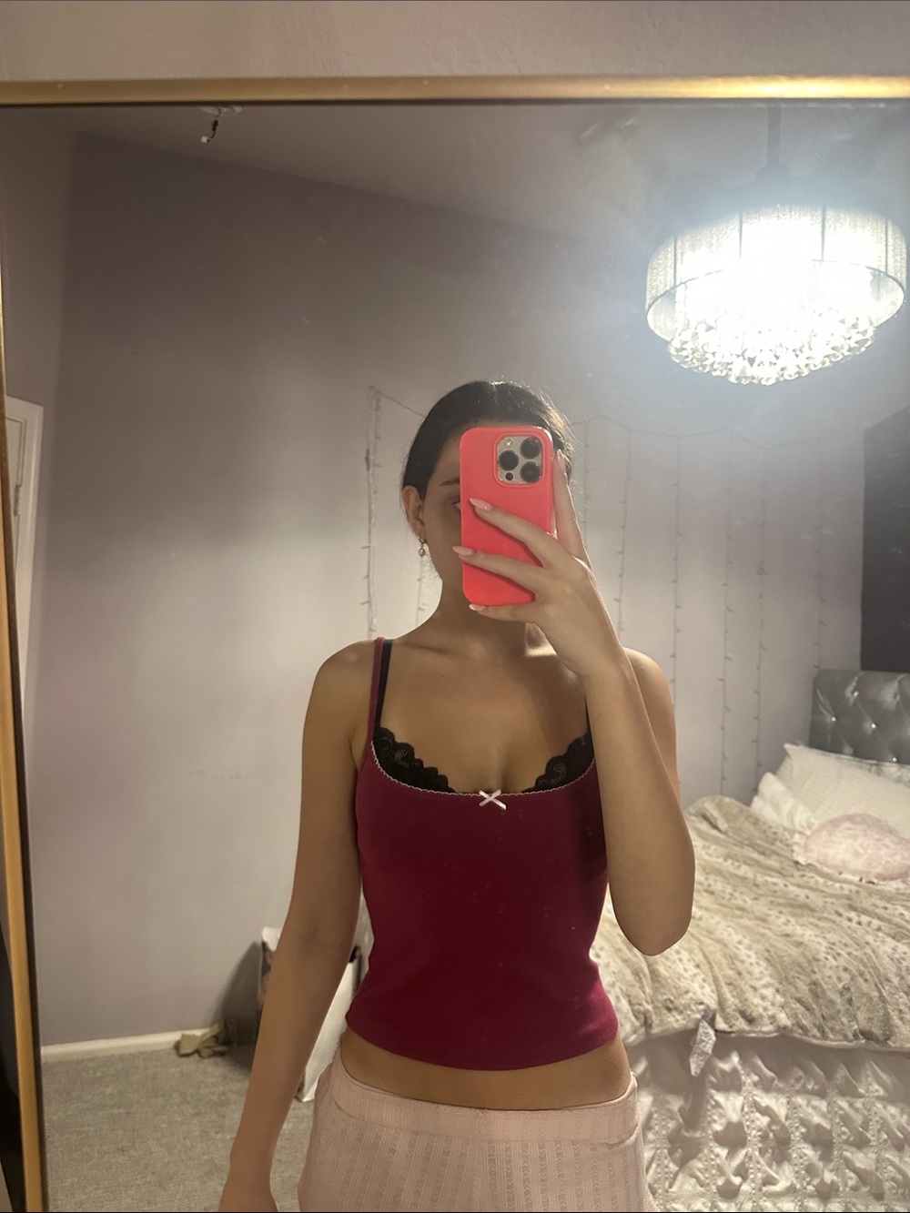 Garage Burgundy Tank Top with light pink Lace Trim